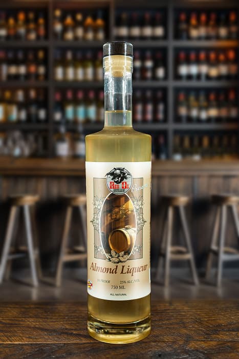 Red Ox Almond Liqueur bottle in a bar room environment 